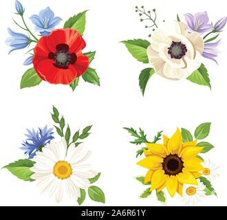 Vektor einrichten von bunten Blumen: Poppy, Sonnenblumen, harebell, Daisy und Kornblumen auf einem weißen Hintergrund. Stock Vektor