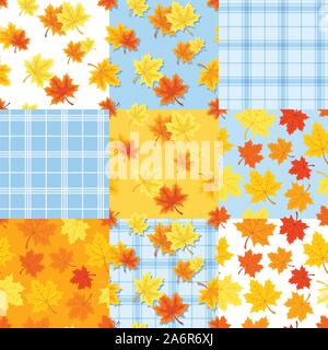 Vektor einrichten von neun Herbst nahtlose Muster mit rot, orange und gelb Ahornblätter auf Weiß und Blau. Stock Vektor