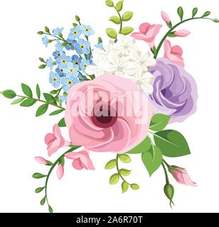 Vektor Bouquet von Rosa, Lila, Blau und Weiß lisianthuses, Freesia und Vergißmeinnicht Blumen. Stock Vektor
