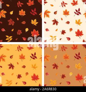 Satz 4 Vektor nahtlose Muster mit Herbstlaub auf braun, orange und beige Hintergründe. Stock Vektor
