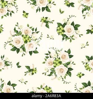Vektor nahtlose Muster mit weißen Rosen und Freesien Blumen und grüne Blätter. Stock Vektor
