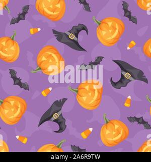 Vektor Halloween nahtlose Hintergrund mit Jack-o-lanterns, Fledermäuse und Hexen Hüte auf lila. Stock Vektor