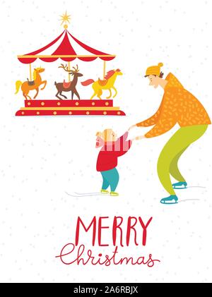 Frohe Weihnachten Vektor Karte mit der Familie Spaß Stock Vektor