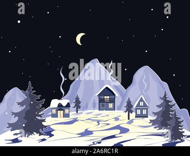 Cartoon Berge Landschaft mit Häusern und Bäumen in der Nacht. Ideal für Karten, Einladungen, Wallpaper, Banner, Kinderzimmer Dekoration. Vektor Stock Vektor