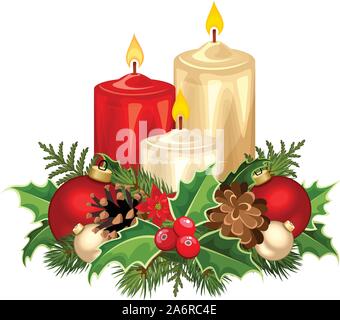 Vector Illustration von drei rote und weiße Weihnachten Kerzen und Tannenzweigen, Bälle, Holly, Weihnachtsstern und Kegel. Stock Vektor