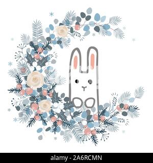 Winter Kranz mit Rosen, Zapfen, Beeren, kiefer Zweige, Blätter, und niedlichen Häschen. Vector Illustration für Postkarten, Kalender, Poster, Drucke Stock Vektor