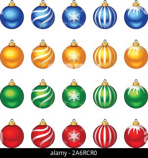 Vektor einrichten von Rot, Gelb, Grün und Blau Weihnachtskugeln mit Muster auf einem weißen Hintergrund. Stock Vektor