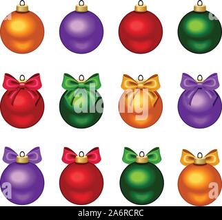 Vektor einrichten von zwölf bunten Weihnachtskugeln mit Bogen auf einem weißen Hintergrund. Stock Vektor