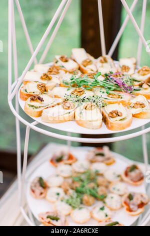 Mini canapes Essen. Das schön eingerichtete catering Bankett-, Holz- steht. Snacks und Vorspeisen. Hochzeitsfeier Stockfoto