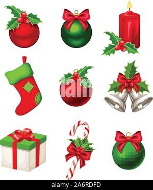 Satz von Rot und Grün Weihnachtsschmuck (Kugeln, Glocken, Zuckerstange, Lagerung, Geschenkbox und Kerze) auf einem weißen Hintergrund. Vektor illustrati Stock Vektor