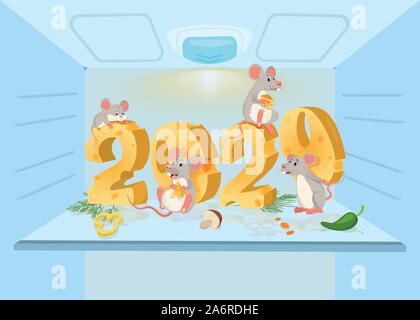 Vorlage für das Symbol für das Jahr 2020. Eine lustige Ratten oder Mäuse mit Käse im Kühlschrank. Mäuse, Illustration, Vektor Stock Vektor