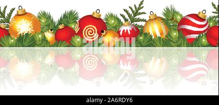 Vektor Weihnachten horizontale nahtlose Hintergrund mit roten und goldenen Kugeln und Tannen Zweigen. Stock Vektor