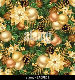 Vektor Weihnachten nahtlose Hintergrund mit goldenen Kugeln, Tannen Zweigen, Kegel, Weihnachtsstern Blumen und Sterne. Stock Vektor