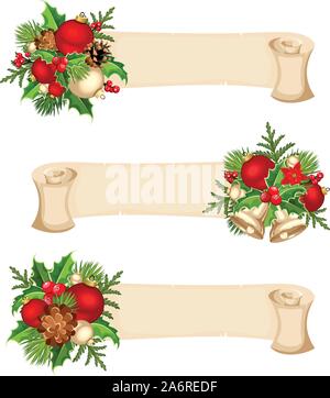 Drei vektor Weihnachten Pergament Banner mit rot, silber und grün Kugeln, Tannen Zweigen, Holly und Kegel. Stock Vektor