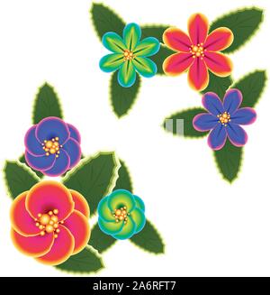 Abstrakte tropische Blumen in verschiedenen Farben mit Blättern. Stock Vektor