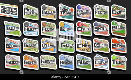 Vector set of Sports Badges, 27 signs of different kind sport games with original lettering, collection of isolated stickers with flying sport balls, Stock Vektor