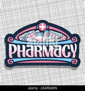 Vektor logo für Apotheke, dunkle Schild mit roter Container, digitales Thermometer, medizinische Salbe, blau aspirin Tabletten, medizinisches Zubehör, original typefa Stock Vektor