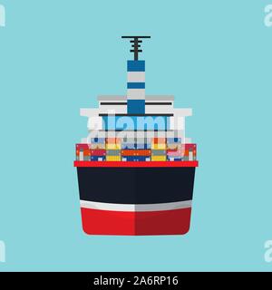 Frachtschiff Vektor flachbild Symbol Container Transport. Lieferung boot Vorderansicht Industrie Schiff exportieren. Ozean tanker Global weltweit Stock Vektor
