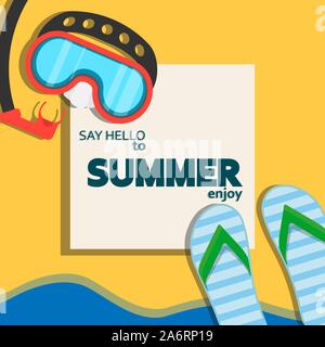 Ferienhäuser Sommer Strand Abbildung urlaub Vektor Banner mit Taucherbrille und Flip Flop. Meer Poster entspannen Abenteuer Reise Karte Stock Vektor