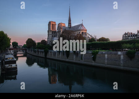 Notre Dame de Paris auf der Île de la Cité aus über den Fluss entlang der Seine bei Sonnenaufgang gesehen und Tauben frlying um Stockfoto