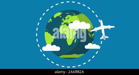 Reisen Flugzeug welt erde Vektor-illustration travel map Konzept. Um golbe planet Urlaub Reise Richtung network international Kontinent Fliegen Vogelgrippe Stock Vektor