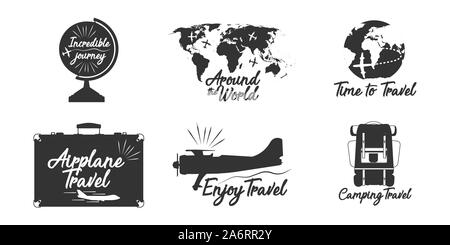 Reisen Schriftzug Aufkleber Vektor adventure Design. Ferienhäuser Tourismus emblem Kalligraphie Abzeichen. Kreuzfahrt vintage tour Flugzeug schwarze Silhouette Reise Stock Vektor