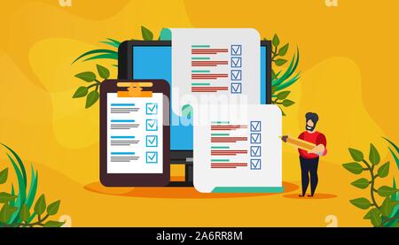 Online Exam Vektor test Umfrage Ergebnis quiz Formular beantworten. Dokument Studie Umfrage digitale Bildung flachbild Schule. Papier Arbeit Geschäft Checkliste Abbildung Stock Vektor