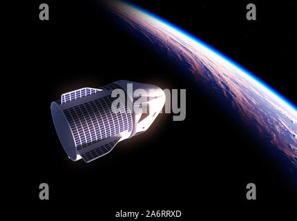 Kommerzielle Raumschiff Im Schatten des Planeten Erde. 3D-Darstellung. Stockfoto