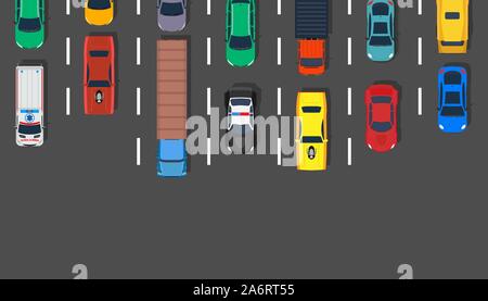 Traffic Jam car Top anzeigen Vektor-illustration Straße. Viel Straße Stadt Antenne Asphalt design Highway. Transport Hintergrund reisen Urban. Hauptverkehrsstunde li Stock Vektor