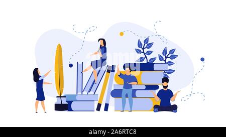 Vektor Bildung Menschen Person buchillustration Konzept Geschäft Hintergrund. Charakter der Schule Schüler wissen lernen. Web Bibliothek lesen. Stock Vektor