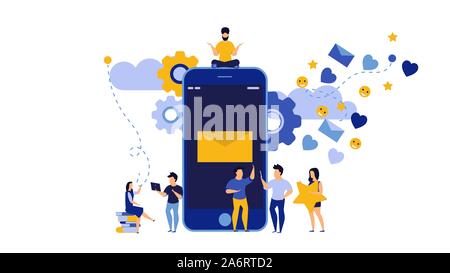 Social media Aktie Telefon Menschen Vektor trend Abbildung mit Mann und Frau. Person lächeln Nachricht Konzept mobile device. Netzwerk chat Internet applic Stock Vektor