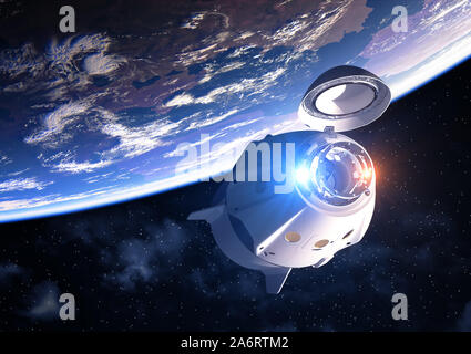 Kommerzielle Raumschiff mit offenen Docking Luke umkreisenden Planeten Erde. 3D-Darstellung. Stockfoto