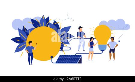 Eco Energie Vektor alternative Ökologie Abbildung: Saubere Umwelt. Energie Solar Erneuerbare Natur panel mit Menschen. Electric Earth Sun Business Tech Stock Vektor