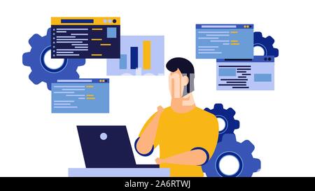Business mann Mitarbeiter analytics Daten vektor Beratung workshop Abbildung. Büro Menschen Analyse chart Entwicklung. Konzept Arbeit job Netzwerk Banner. O Stock Vektor