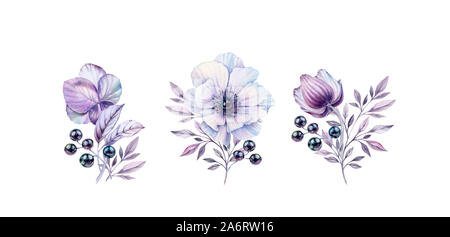 Aquarell anemone Blumensträuße. Handbemalte realistische botanische Abbildungen bündeln. Auf weißen Blüten, Blätter, Beeren für Hochzeit Stockfoto