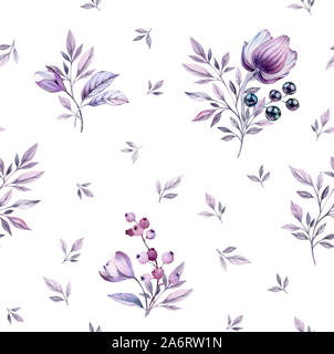 Aquarell anemone Knospen nahtlose Muster. Handgemalten floralen Oberfläche Design mit kleinen lila Blätter. Magenta Blumensträuße isoliert auf Weiss für Hochzeit Stockfoto