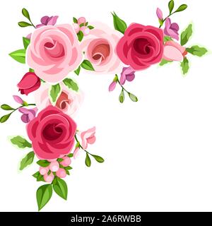 Vektor Ecke Hintergrund mit roten, rosa und lila Rosen und Freesien Blumen. Stock Vektor