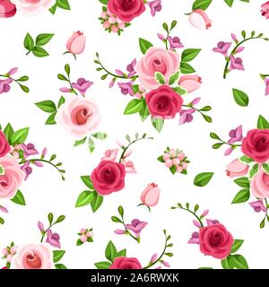 Vektor nahtlose Muster mit roten und rosa Rosen und Freesien Blumen auf einem weißen Hintergrund. Stock Vektor