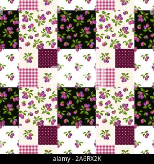 Vektor nahtlose patchwork Muster mit Pflaumen, Gingham und Polka Dot Motive. Stock Vektor
