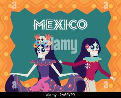 Dia de los Muertos Karte mit catrinas tanzen Zeichen Stock Vektor