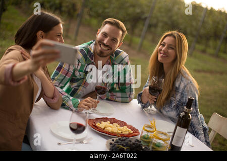 Gruppe der jungen Leute, die durch die Tabelle, trinken Rotwein und unter selfie mit Handy im Weinberg Stockfoto