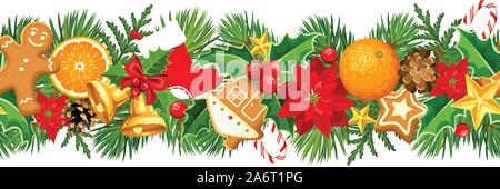 Vektor Weihnachten horizontale nahtlose Girlande mit Fir-Zweige, Weihnachtsstern Blumen, Holly, Kekse, Orangen und Kegel. Stock Vektor