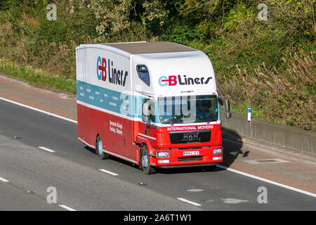 GB Büchsen International Movers; Transport-LKW, Lkw, Transport, Lastwagen, Cargo, mann Fahrzeug, Lieferung, den gewerblichen Verkehr, Industrie, Supply Chain Fracht, auf der M6 an der Lancaster, Großbritannien Stockfoto