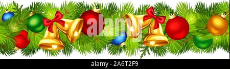 Vektor Weihnachten horizontale nahtlose Girlande mit Fir-Zweigen und bunten Kugeln. Stock Vektor