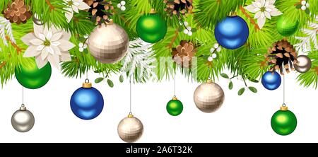 Vektor Weihnachten horizontale nahtlose Hintergrund mit Blau, Grün und Silber Kugeln, grünen Tannenzweigen, Weißer Weihnachtsstern Blumen und Kegel. Stock Vektor