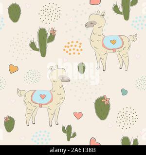 Hand gezeichnet nahtlose Muster mit jungen Alpacas, Kakteen und Herzen auf dezente Hintergrund mit Punkten. Toll für Textil-, Gewebe-, Muster, Geschenkpapier, Seite Stock Vektor