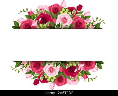 Vektor Banner mit roten und rosa Rosen und Freesien Blumen. Stock Vektor