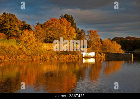 Duddingston Loch, Edinburgh, Schottland, UK Wetter. 28. Oktober 2019. Die herbstlichen Farben der dass Laubbäume und weißen Boot Haus in Duddingston Loch reflektiert kurz vor Sonnenuntergang. Stockfoto