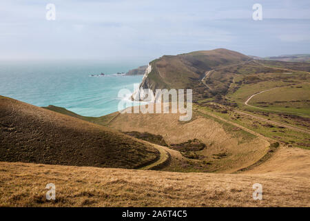 Hügelige Landschaft rund um Worbarrow Bucht an der Jurassic Küste in Dorset, England. Stockfoto