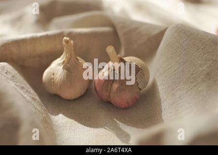 Zwei Knoblauch Zwiebeln auf ein Bettwäsche Tischdecke, Seitenansicht. Stockfoto